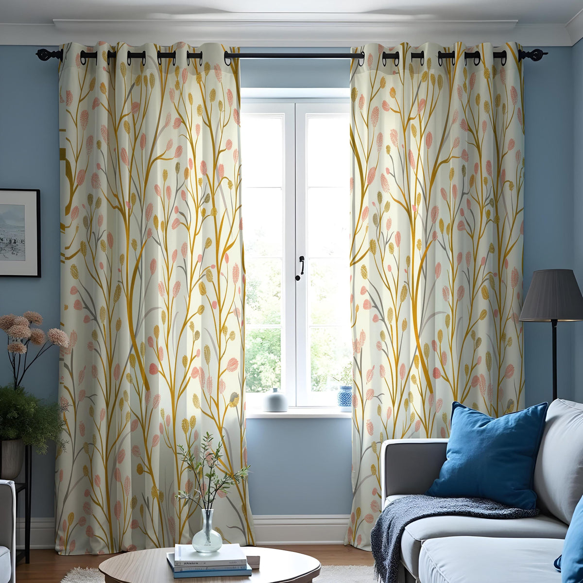 Orange Green Yellow Leaf Curtains, Botanical Nature Drapes