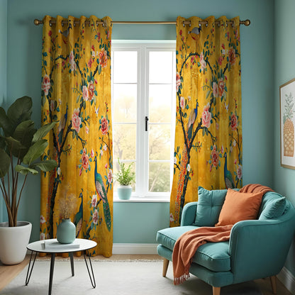 Yellow Chinoiserie Peacock Curtains, Floral Window Drapes