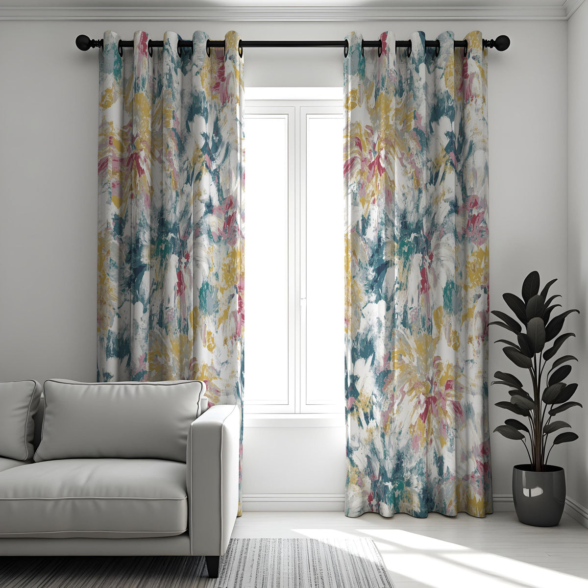 Blue Pink Yellow Watercolor Floral Curtains, Abstract Drapes