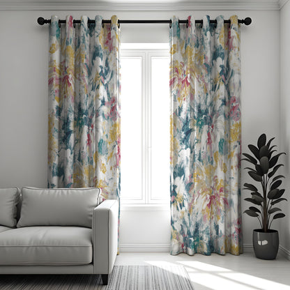 Blue Pink Yellow Watercolor Floral Curtains, Abstract Drapes