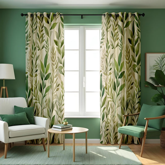 Green Botanical Leaf Curtains, Tropical Nature Custom Drapes