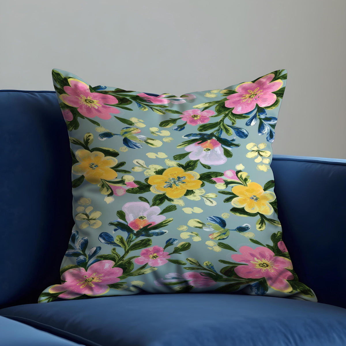 Blue Flower Cushion Cover, Fresh Botanical Pillow Case