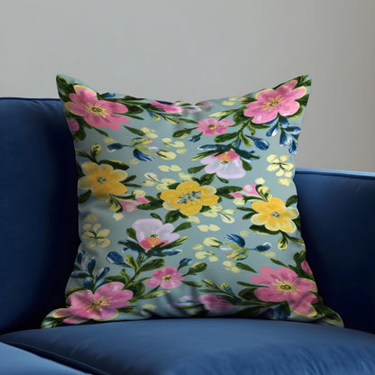 Blue Flower Cushion Cover, Fresh Botanical Pillow Case