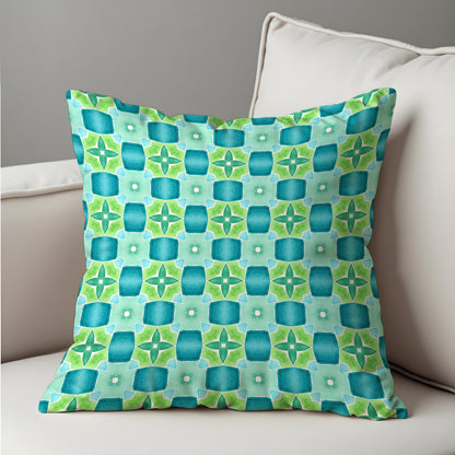 Retro Blue Green Cushion Cover, Mid Century Modern Tile Pillow Cover