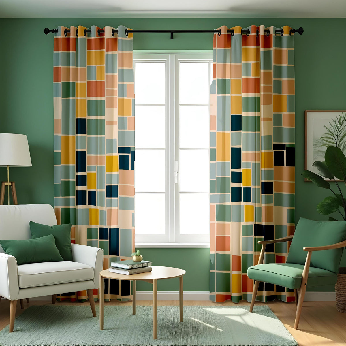 Multicolor Color Block Curtains, Retro Geometric Drapes