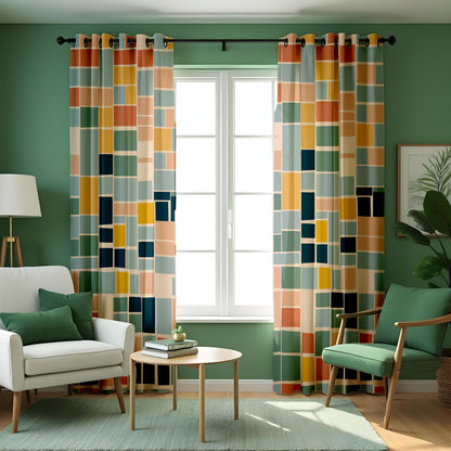 Multicolor Color Block Curtains, Retro Geometric Drapes