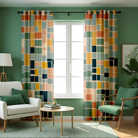 Multicolor Color Block Curtains, Retro Geometric Drapes
