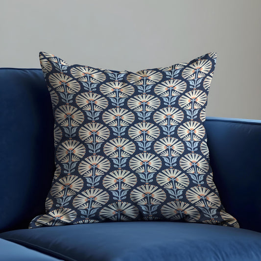 Navy Floral Cushion Cover, Mid Century Retro Throw Pillow Case