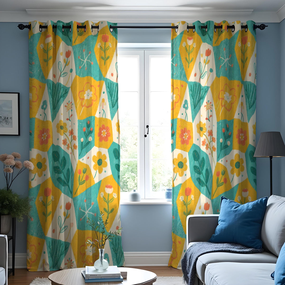 Yellow Teal Retro Floral Curtains, Geometric Flower Drapes