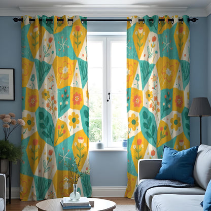 Yellow Teal Retro Floral Curtains, Geometric Flower Drapes