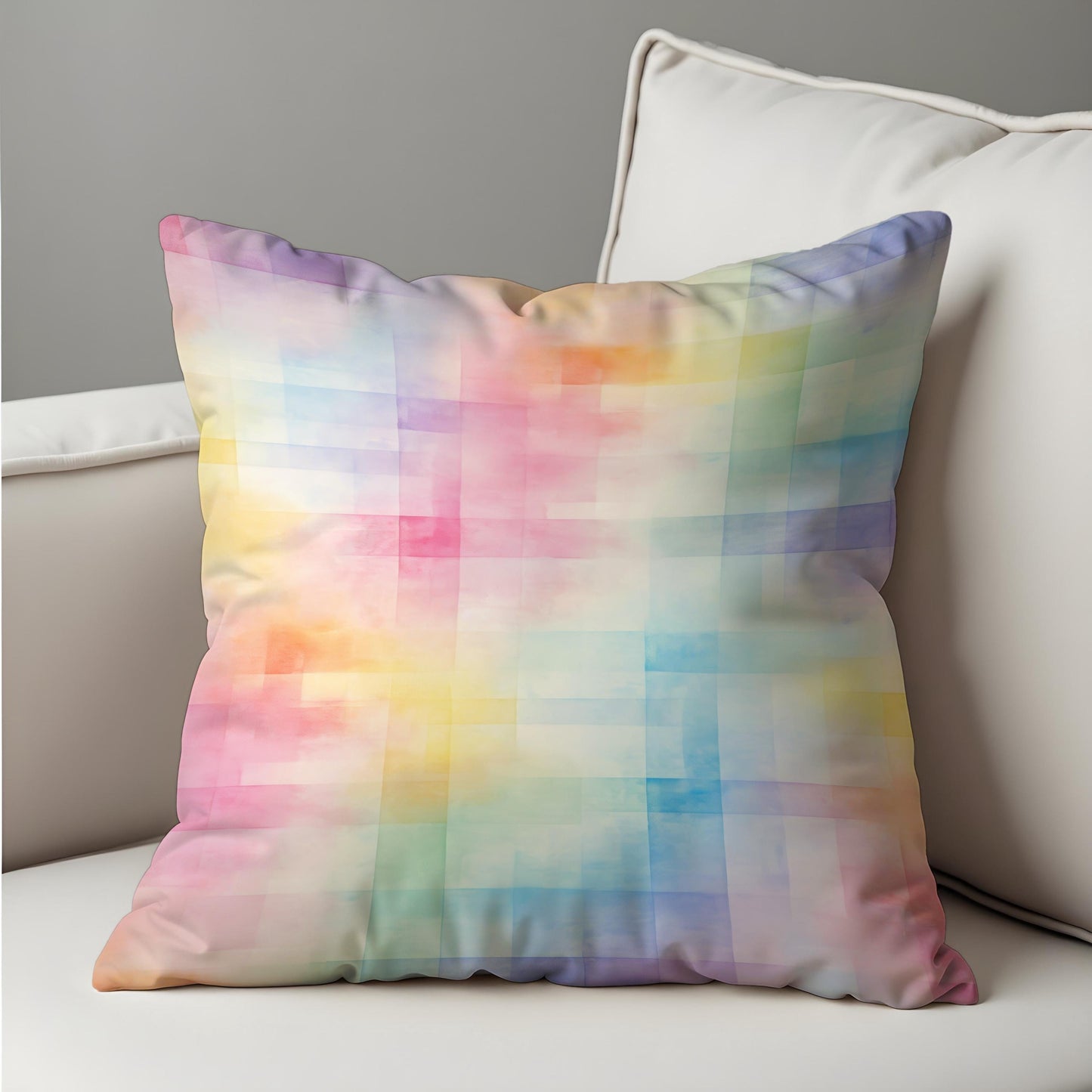 Pastel Rainbow Cushion Cover, Soft Watercolor Grid Throw Pillow Cover