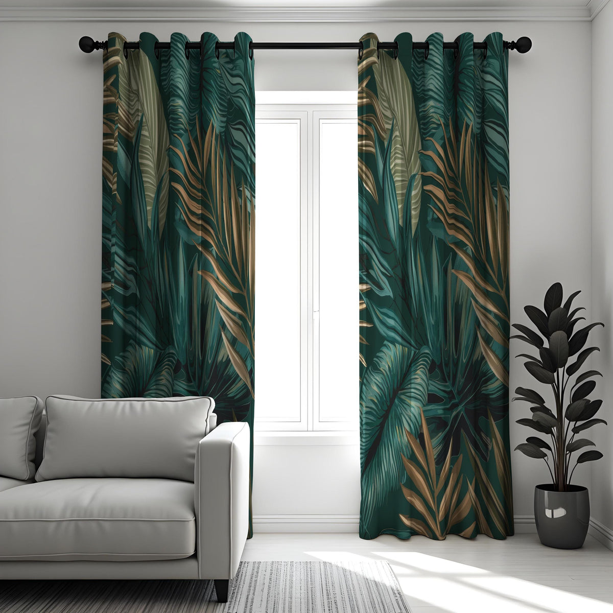 Dark Tropical Leaf Curtains, Jungle Botanical Print Drapes
