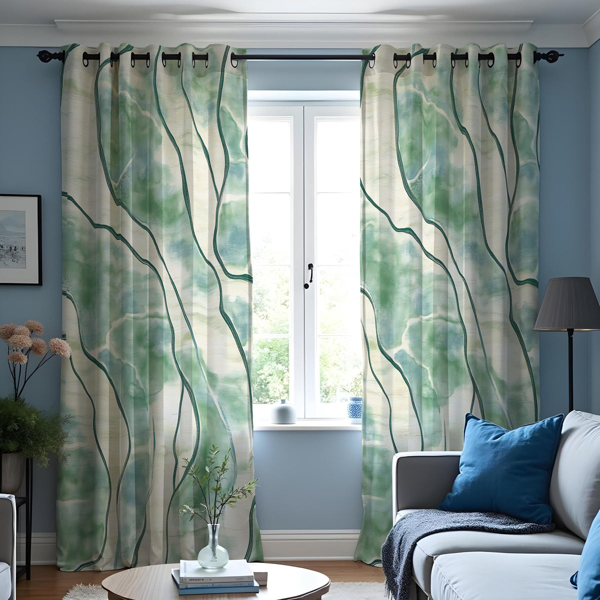 Green Watercolor Abstract Curtains, Artistic Custom Drapes