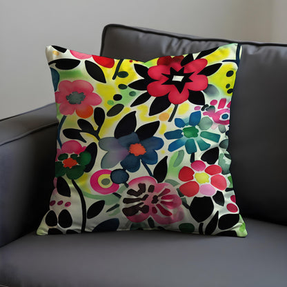 Bold Watercolor Floral Cushion Cover, Colorful Flower Throw Pillow Case
