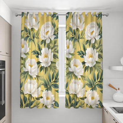 Yellow Floral Curtains, Large White Flower Botanical Drapes