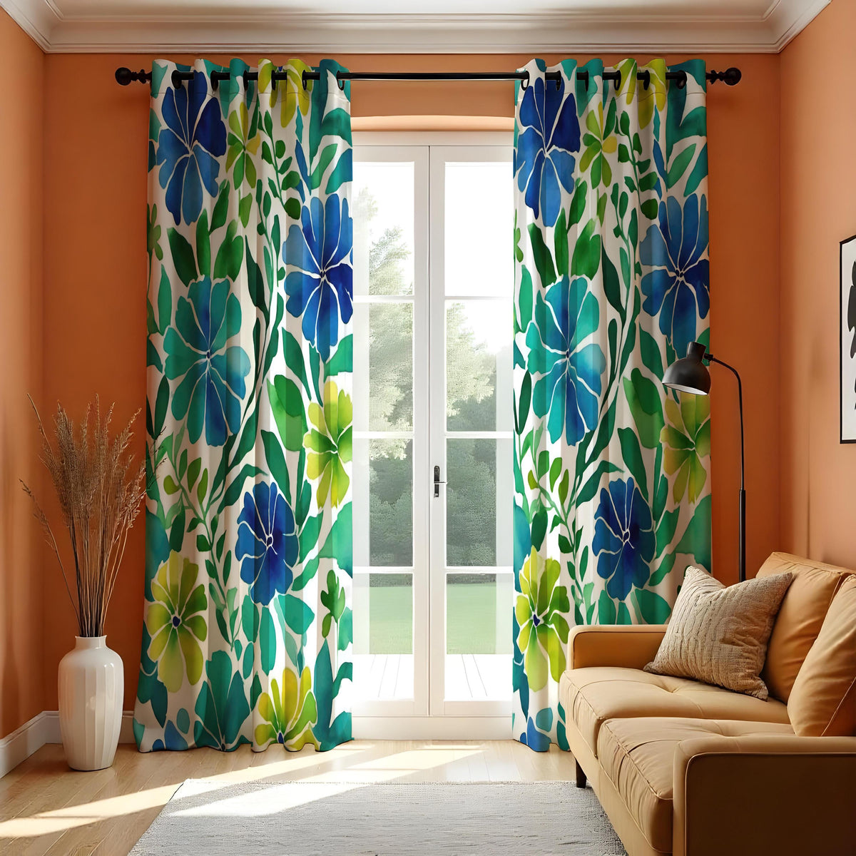 Blue & Green Tropical Floral Curtains, Summer Drapes