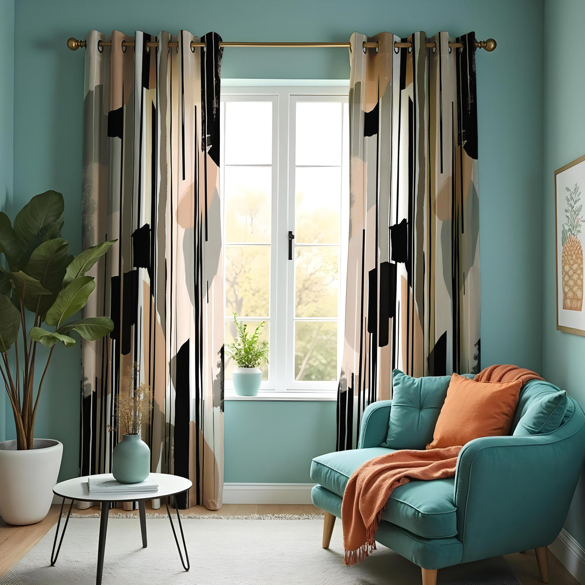 Neutral Abstract Curtains, Beige & Black Minimalist Drapes