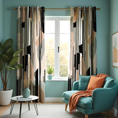 Neutral Abstract Curtains, Beige & Black Minimalist Drapes