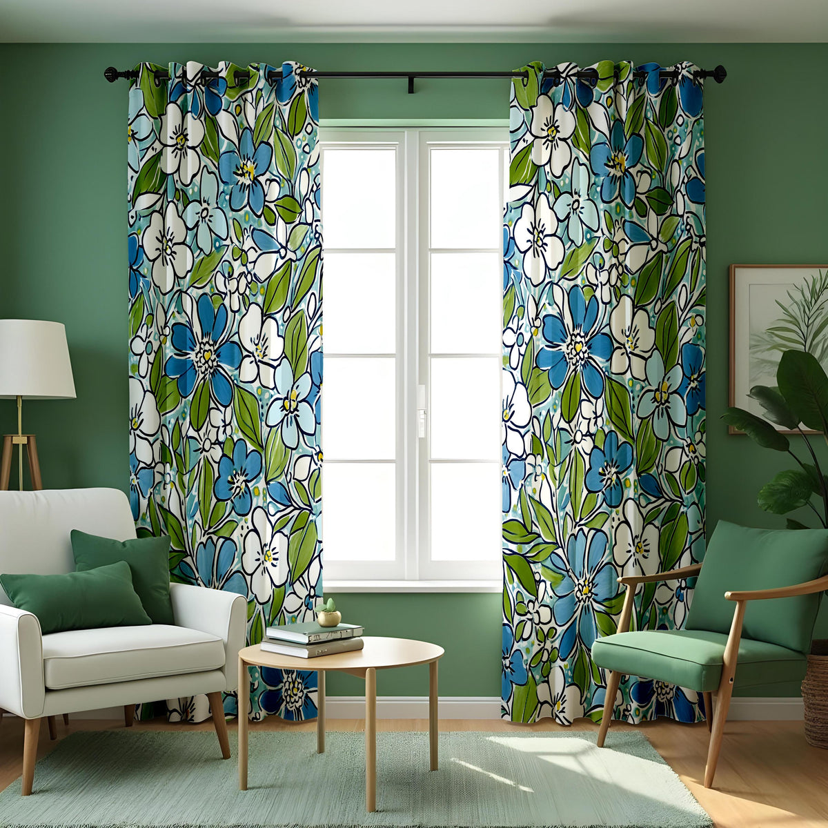 Blue & Green Floral Curtains, Retro White Blossom Drapes