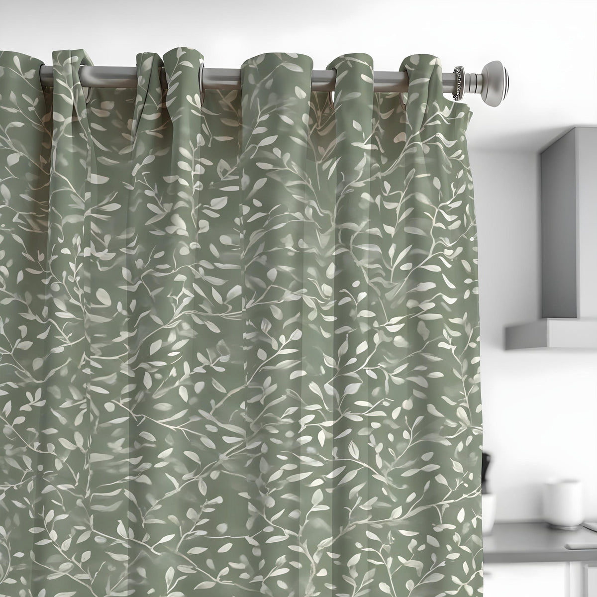 Green Botanical Leaf Print Curtains, Fresh Nature Drapes