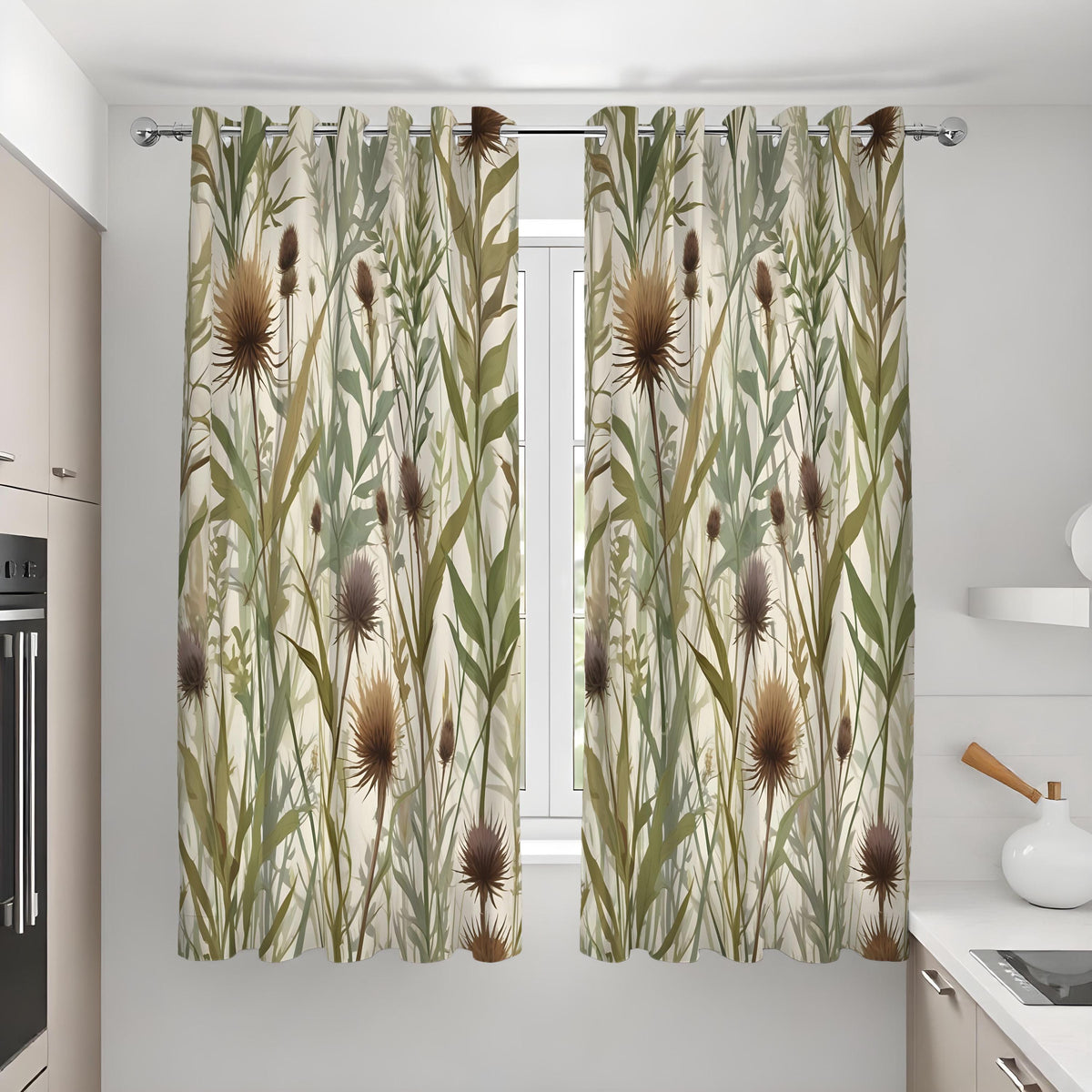 Earthy Thistle Curtains, Neutral Leaf Pattern Drapes