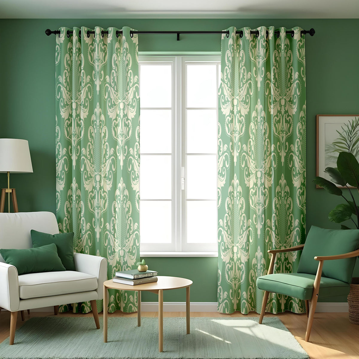 Green Damask Curtains, Traditional Ornate Custom Drapes