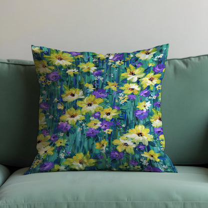 Yellow Blue Floral Cushion Cover, Botanical Pillow Case