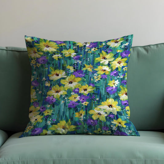 Yellow Blue Floral Cushion Cover, Botanical Pillow Case