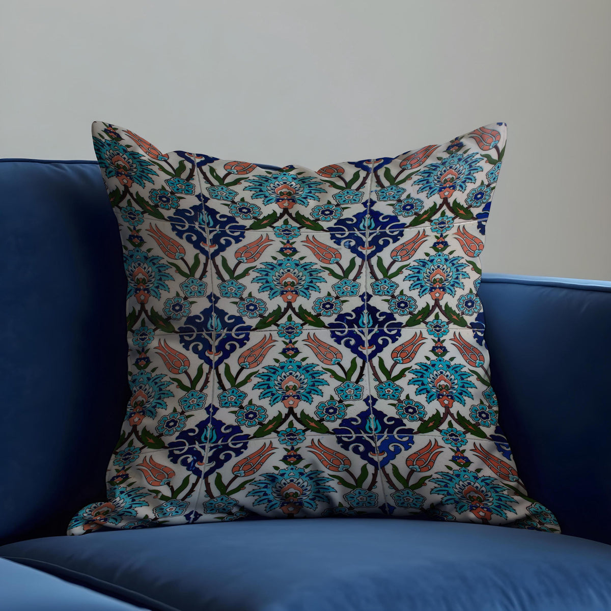 Turkish Tile Cushion Cover, Blue Floral Pattern Throw Pillow Case