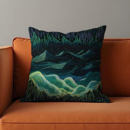 Northern Lights Cushion Cover, Dark Forest Mountain Night Pillow Case