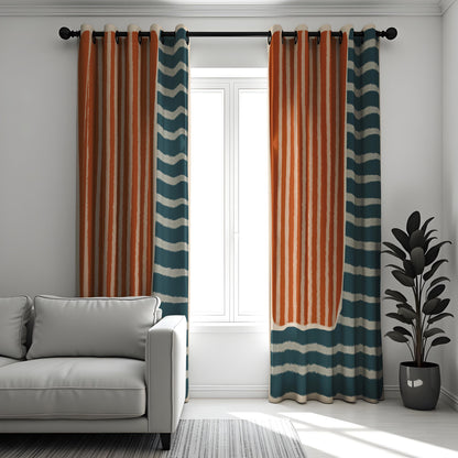 Rust Orange & Teal Stripe Curtains, Modern Boho Drapes