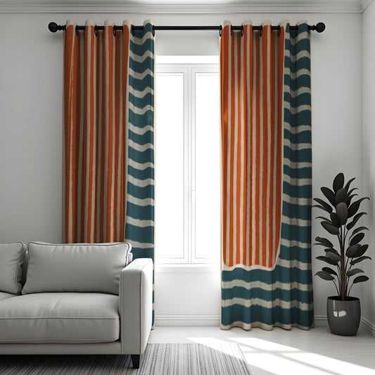 Rust Orange & Teal Stripe Curtains, Modern Boho Drapes