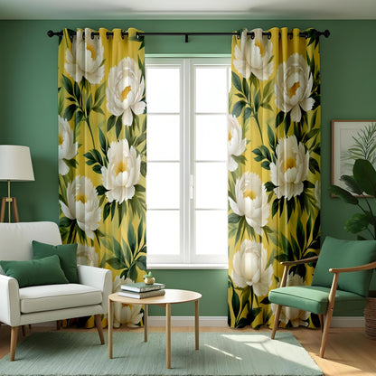 Yellow Floral Curtains, Large White Flower Botanical Drapes