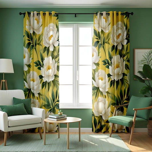Yellow Floral Curtains, Large White Flower Botanical Drapes