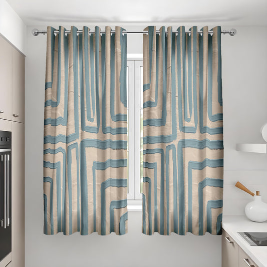 Blue Geometric Kitchen Curtains, Short Cafe Window Drapes