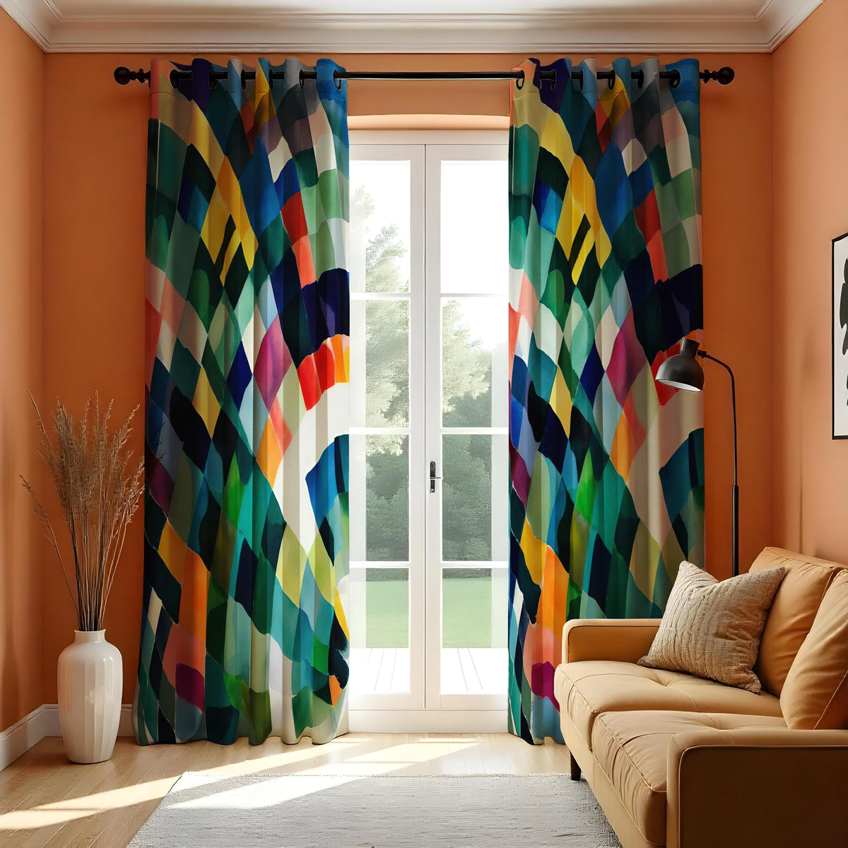 Rainbow Geometric Curtains, Colorful Abstract Window Drapes