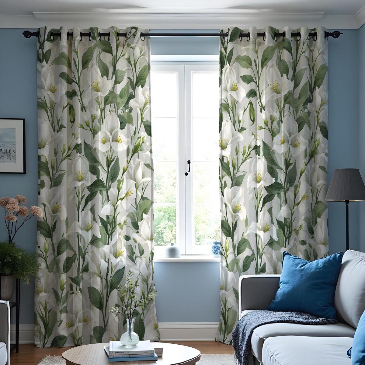Calla Lily Curtains, White Floral & Green Leaf Drapes