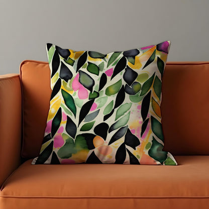 Watercolor Leaf Cushion Cover, Vibarant Colors Botanical Pillow Case