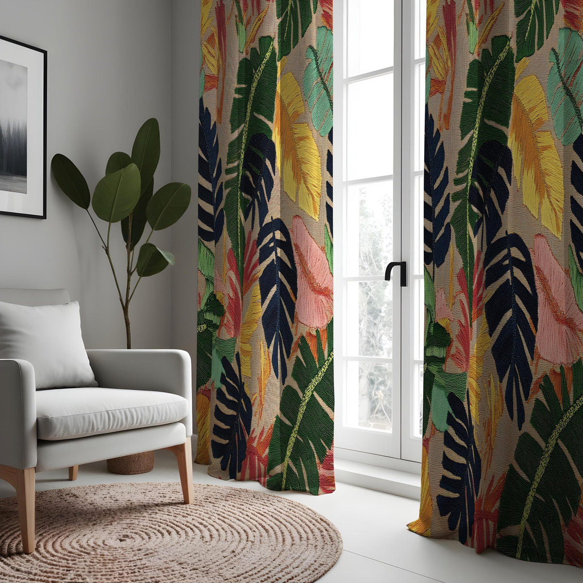 Multicolour Tropical Leaf Curtains, Jungle Foliage Drapes
