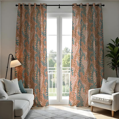 Rust Orange & Teal Leaf Curtains, Soft Botanical Drapes