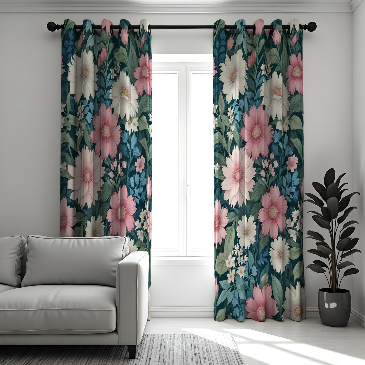Pink Flower Curtains, Oversized Botanical Floral Drapes