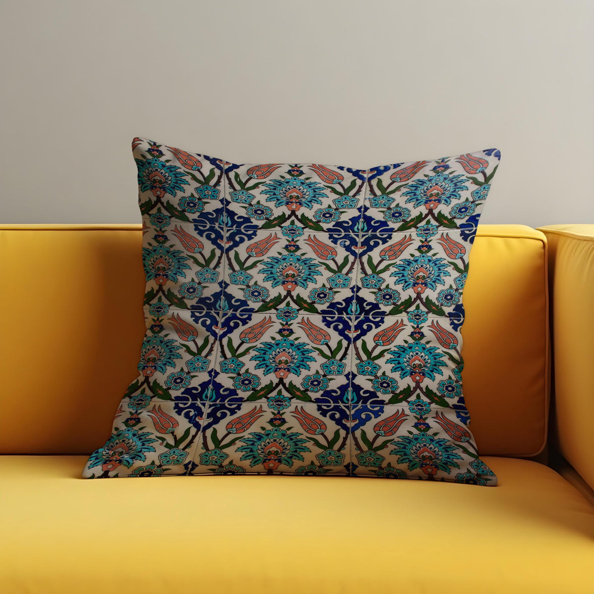 Turkish Tile Cushion Cover, Blue Floral Pattern Throw Pillow Case