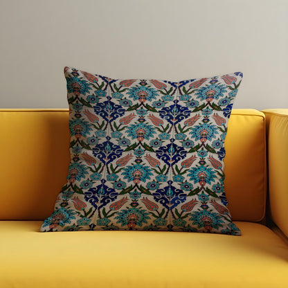 Turkish Tile Cushion Cover, Blue Floral Pattern Throw Pillow Case