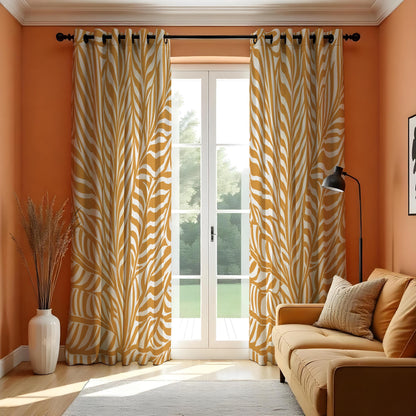 Mustard Yellow Botanical Leaf Curtains, Custom Window Drapes