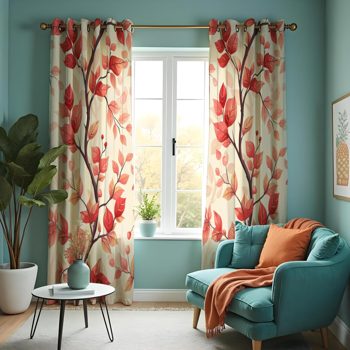 Red Autumn Leaf Curtains, Warm Fall Botanical Drapes