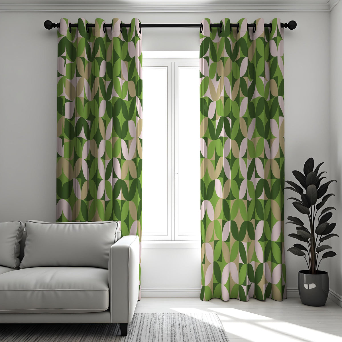 Green Retro Geometric Curtains, Mid Century Custom Drapes
