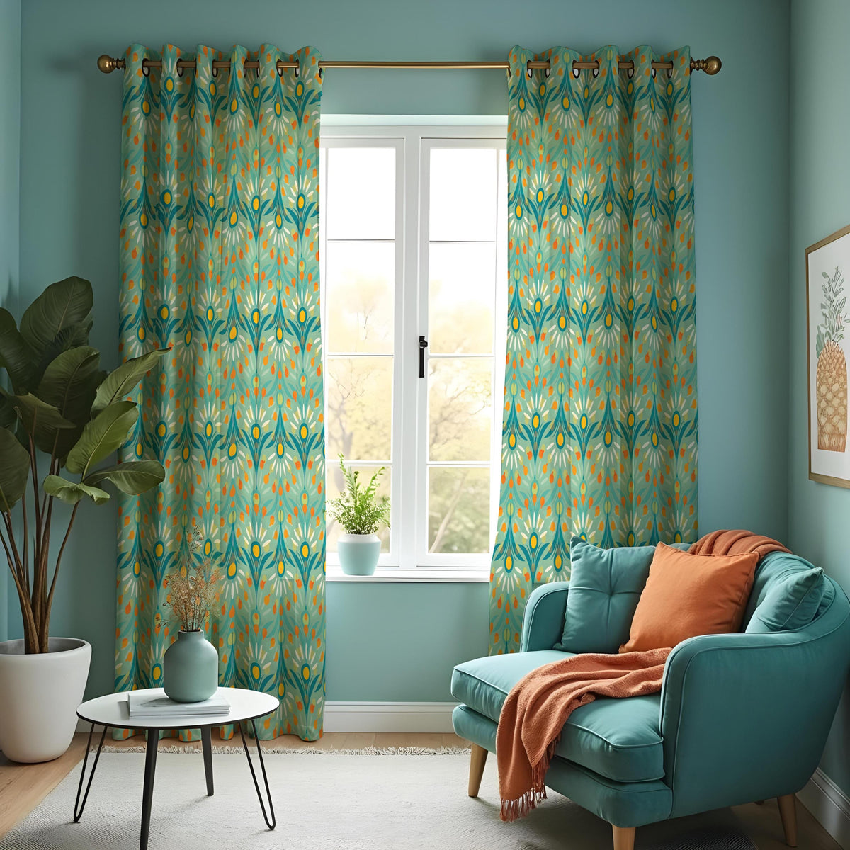 Teal & Orange Retro Leaf Curtains, Mid Century Drapes