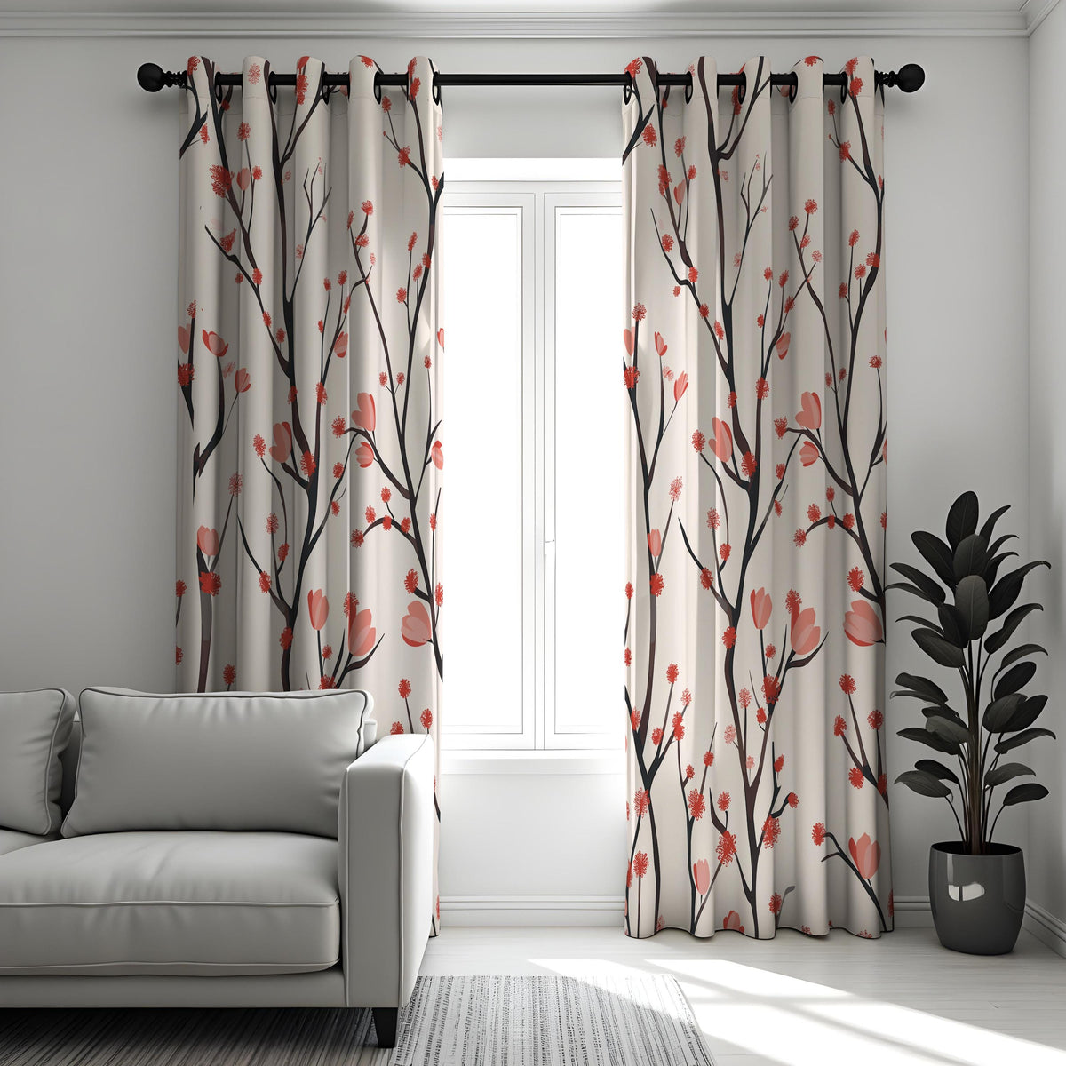 Bird and Branch Curtains, Beige & Red Botanical Tree Drapes