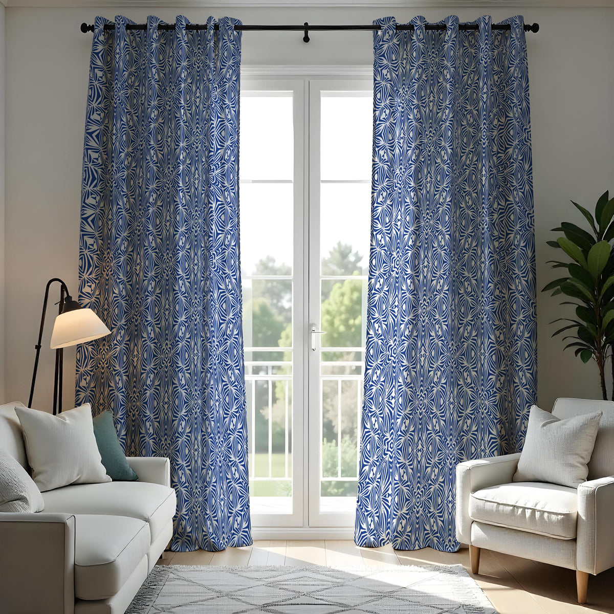 Navy & White Geometric Curtains, Mediterranean Style Drapes
