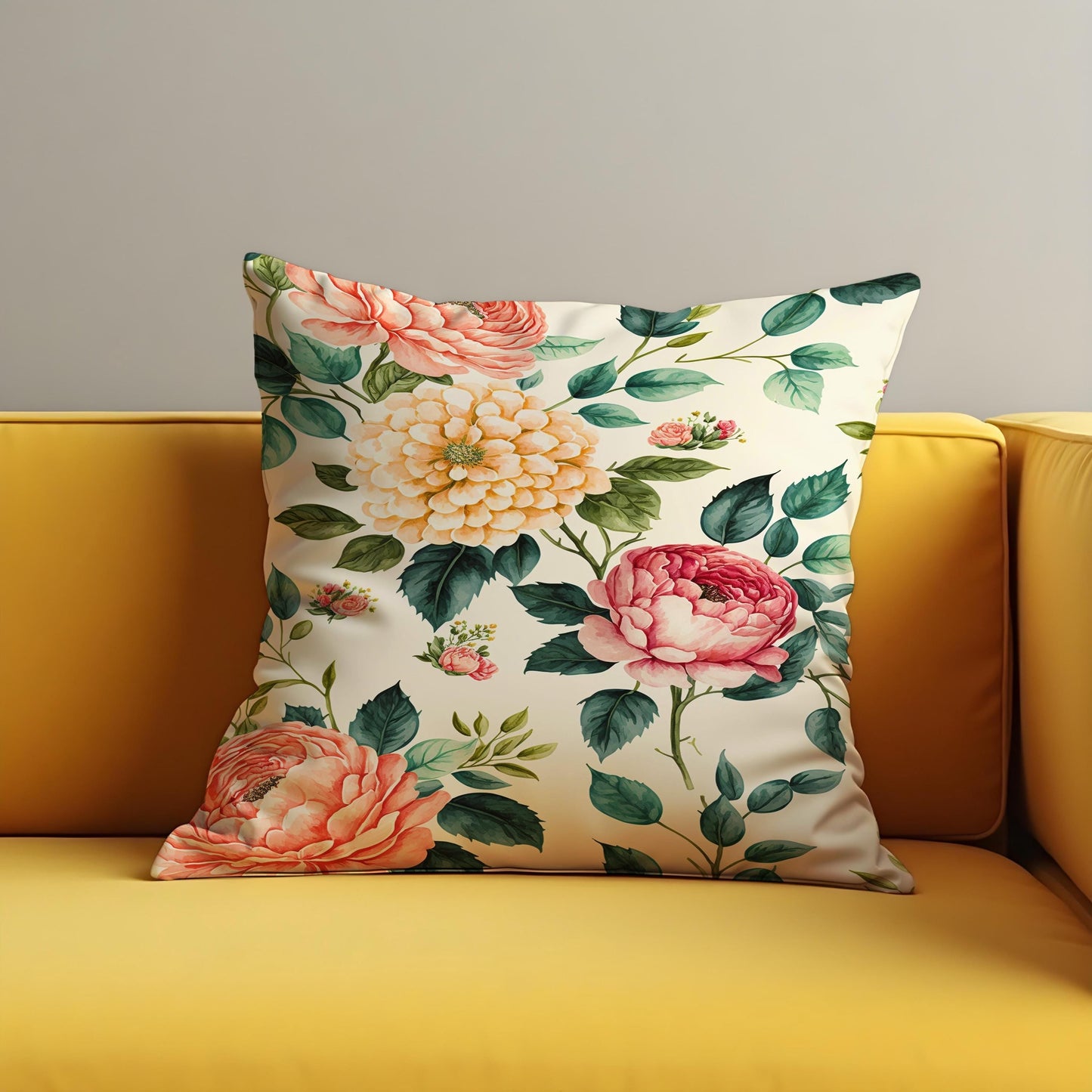 Peony Dahlia Cushion Cover, Blush & Yellow Flowers Throw Pillow Cover